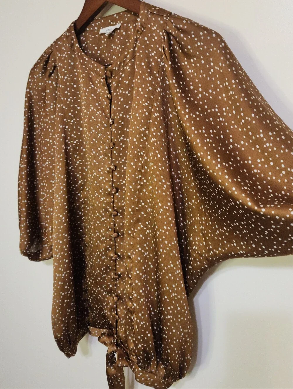 Puff Sleeve Top Women S Brown Polka Dot Bubble Print Satin Feel Oversided Easel - Picture 2 of 8